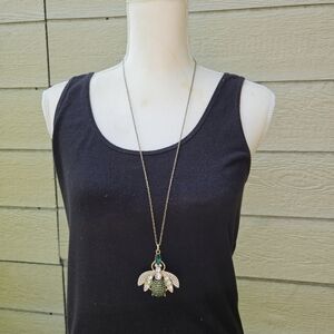 gold tone clear and green rhinestone bug pendant necklace